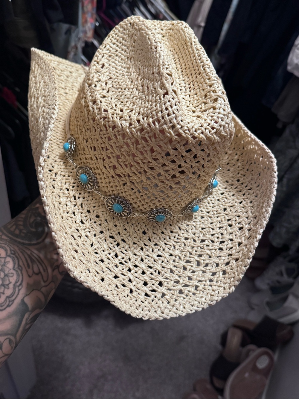 Woven Straw Cowboy Hat with Turquoise Concho Band - never worn